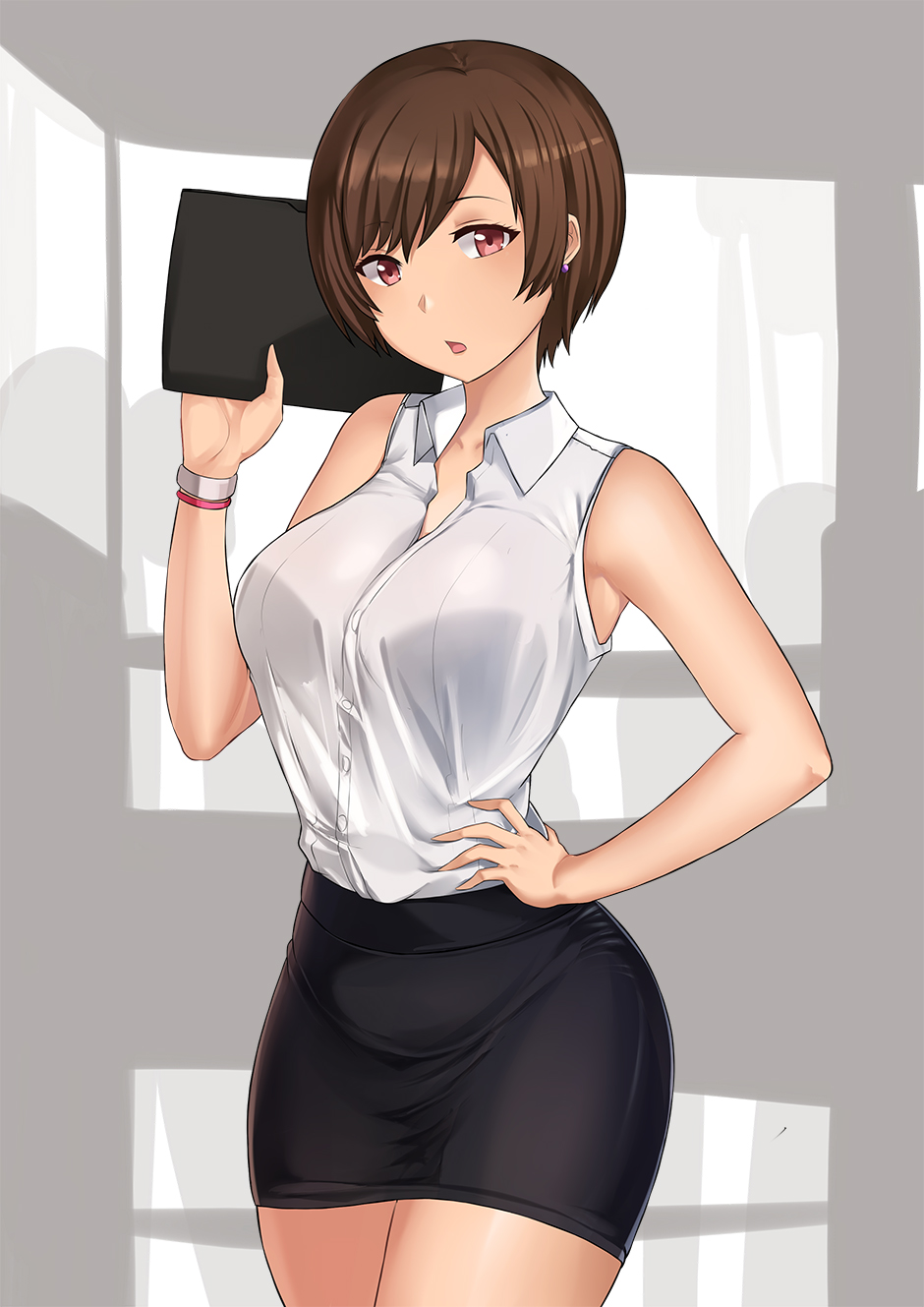 1girl aori_sora bare_shoulders blouse breasts brown_eyes brown_hair buttons collared_shirt commentary earrings eyebrows_visible_through_hair hand_on_hip hand_up highres holding jewelry large_breasts legs_together looking_at_viewer office_lady open_mouth original pencil_skirt shirt shirt_tucked_in short_hair simple_background skirt solo standing unfinished_background white_blouse