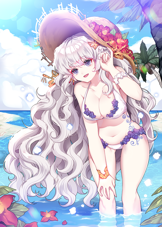 1girl :d beach bikini blue_sky bracelet breasts clouds day flower hair_ornament hand_on_own_knee hand_up harin_0 hat hat_flower jewelry large_breasts leaning_forward long_hair navel open_mouth outdoors palm_tree pinky_out qurare_magic_library silver_hair sky smile straw_hat sun_hat swimsuit tree very_long_hair violet_eyes wading wavy_hair white_bikini wristband