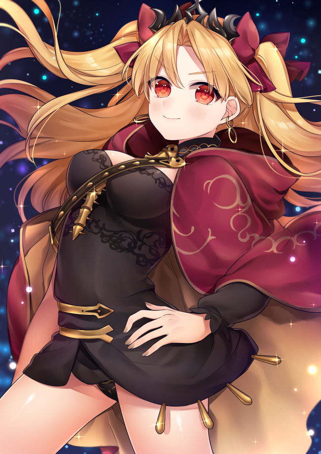 &gt;:) 1girl arm_at_side bangs between_breasts black_leotard blonde_hair breasts cape closed_mouth cowboy_shot earrings ereshkigal_(fate/grand_order) fate/grand_order fate_(series) glint hair_ribbon hand_on_hip jewelry karokuchitose legs_apart leotard light_particles long_hair long_sleeves looking_at_viewer medium_breasts parted_bangs red_cape red_eyes red_ribbon ribbon smile solo sparkle standing tareme thighs tiara tohsaka_rin two_side_up v-shaped_eyebrows very_long_hair