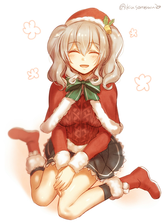 1girl :d ^_^ ^o^ bell black_legwear black_skirt boots capelet closed_eyes eyebrows_visible_through_hair facing_viewer flower full_body full_moon fur-trimmed_boots fur-trimmed_sleeves fur_trim hair_bell hair_ornament happy hat holly kantai_collection kashima_(kantai_collection) knee_boots kneehighs long_hair long_sleeves medium_hair mika_(1020mk) miniskirt moon open_mouth own_hands_together pleated_skirt red_footwear red_hat red_sweater ribbed_sweater santa_hat silver_hair simon skirt smile solo sweater twintails twitter_username wardrobe_malfunction wavy_hair white_background