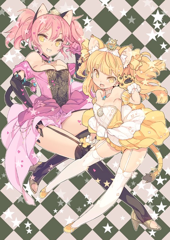 2girls :d animal_ears bangs bare_shoulders black_legwear blade_(galaxist) blonde_hair blunt_bangs breasts cat_ears cat_tail crown dress elbow_gloves eyebrows_visible_through_hair garter_straps gloves high_heels idolmaster idolmaster_cinderella_girls jewelry jougasaki_mika jougasaki_rika long_hair looking_at_viewer medium_breasts mini_crown multiple_girls necklace off_shoulder open_mouth paw_gloves paws pink_gloves pink_hair siblings sisters small_breasts smile tail thigh-highs toeless_legwear w white_legwear yellow_eyes yellow_footwear