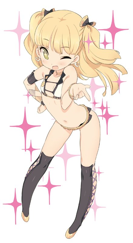 +_+ 1girl :d armband bangs bare_shoulders black_legwear blade_(galaxist) blonde_hair bow bracelet commentary_request copyright_request earrings flat_chest full_body hair_bow hand_on_hip heart heart_earrings jewelry kneehighs navel one_eye_closed open_mouth panties pointing pointing_at_viewer shoes smile solo sparkle standing two_side_up underwear yellow_footwear