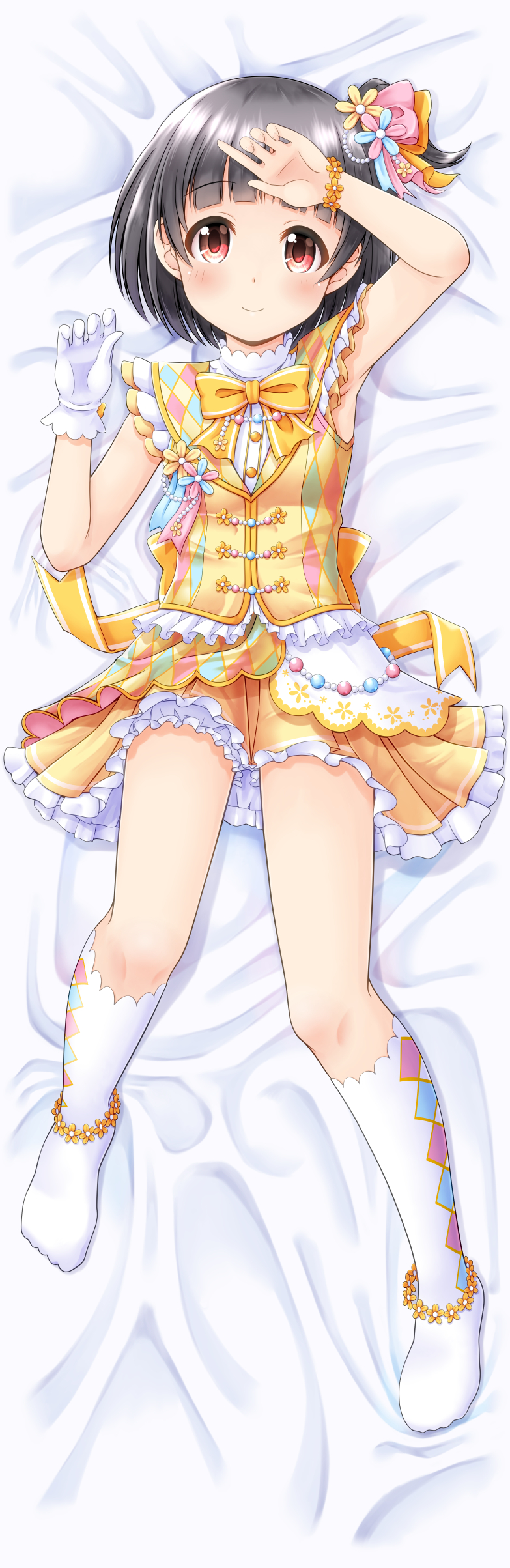 1girl absurdres black_hair brown_eyes dakimakura dress highres idolmaster idolmaster_million_live! idolmaster_million_live!_theater_days looking_at_viewer lying nakatani_iku on_back plaid regular_mow short_hair side_ponytail smile solo