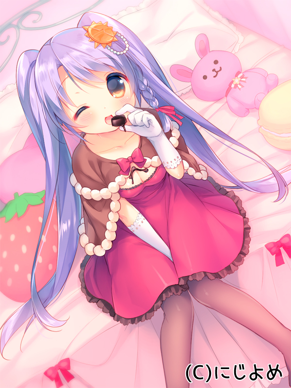 1girl ;d bangs black_legwear blush bow braid breasts brown_capelet brown_eyes capelet chocolate_on_breasts cleavage collarbone dress dutch_angle elbow_gloves eyebrows_visible_through_hair food frilled_dress frills fruit gloves hair_between_eyes hair_ornament holding holding_food long_hair looking_at_viewer macaron medium_breasts official_art on_bed one_eye_closed open_mouth pantyhose pink_bow pink_dress side_braid sitting sitting_on_bed smile solo strawberry stuffed_animal stuffed_bunny stuffed_toy twintails usashiro_mani valhalla_valkyries very_long_hair violet_eyes white_gloves