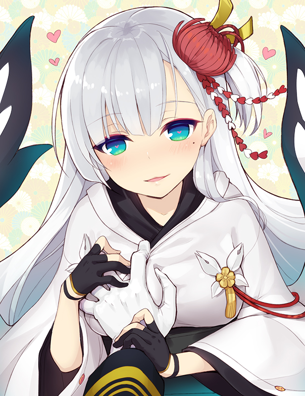 1girl azur_lane black_gloves blue_eyes blush breast_grab commentary_request eyebrows_visible_through_hair gloves grabbing guided_breast_grab hair_ornament heart heart-shaped_pupils japanese_clothes long_hair looking_at_viewer minamura_haruki mole mole_under_eye one_side_up parted_lips partly_fingerless_gloves pov pov_hands shoukaku_(azur_lane) smile solo_focus symbol-shaped_pupils white_background white_gloves wide_sleeves