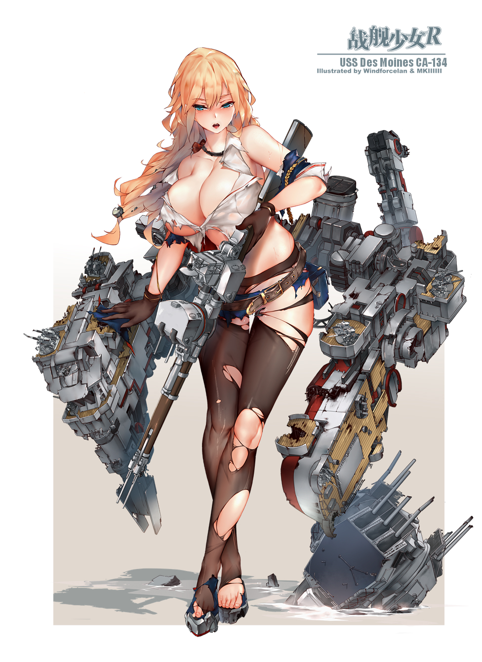1girl belt black_legwear blonde_hair blue_eyes boots breasts cannon damaged des_moines_(zhan_jian_shao_nyu) gun highres holding holding_gun holding_weapon large_breasts long_hair machinery official_art pantyhose solo torn_clothes torn_pantyhose turret weapon windforcelan zhan_jian_shao_nyu