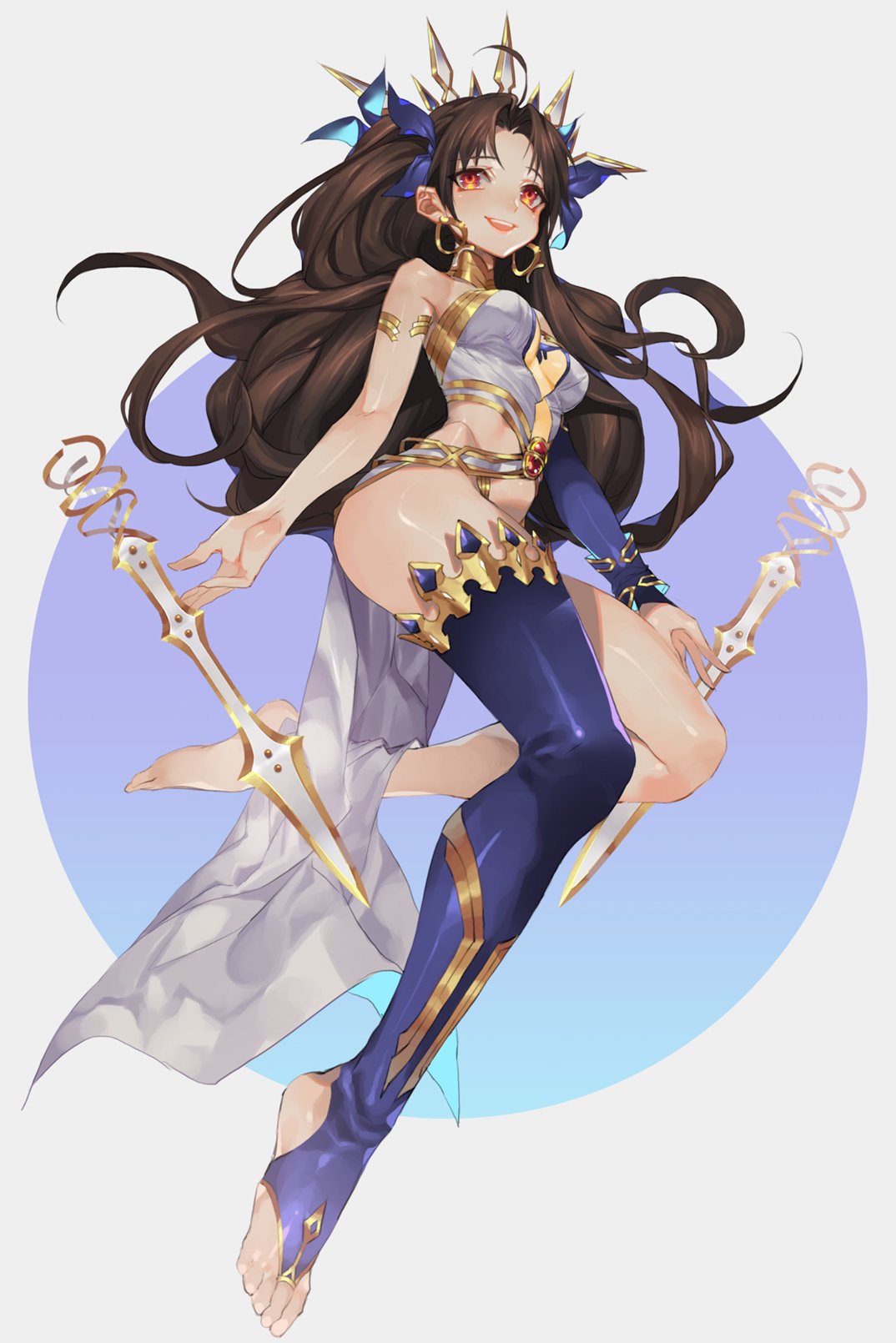 1girl armlet bangs bare_legs bare_shoulders barefoot blue_legwear blue_ribbon blush breasts bridal_legwear brown_hair collar earrings fate/grand_order fate_(series) floating_object from_below full_body gem hair_ribbon highres ishtar_(fate/grand_order) jewelry leg_up legs long_hair long_sleeves looking_at_viewer looking_down medium_breasts orangesekaii parted_bangs red_eyes ribbon single_detached_sleeve single_thighhigh solo stirrup_legwear sword thigh-highs toes tohsaka_rin two_side_up very_long_hair weapon