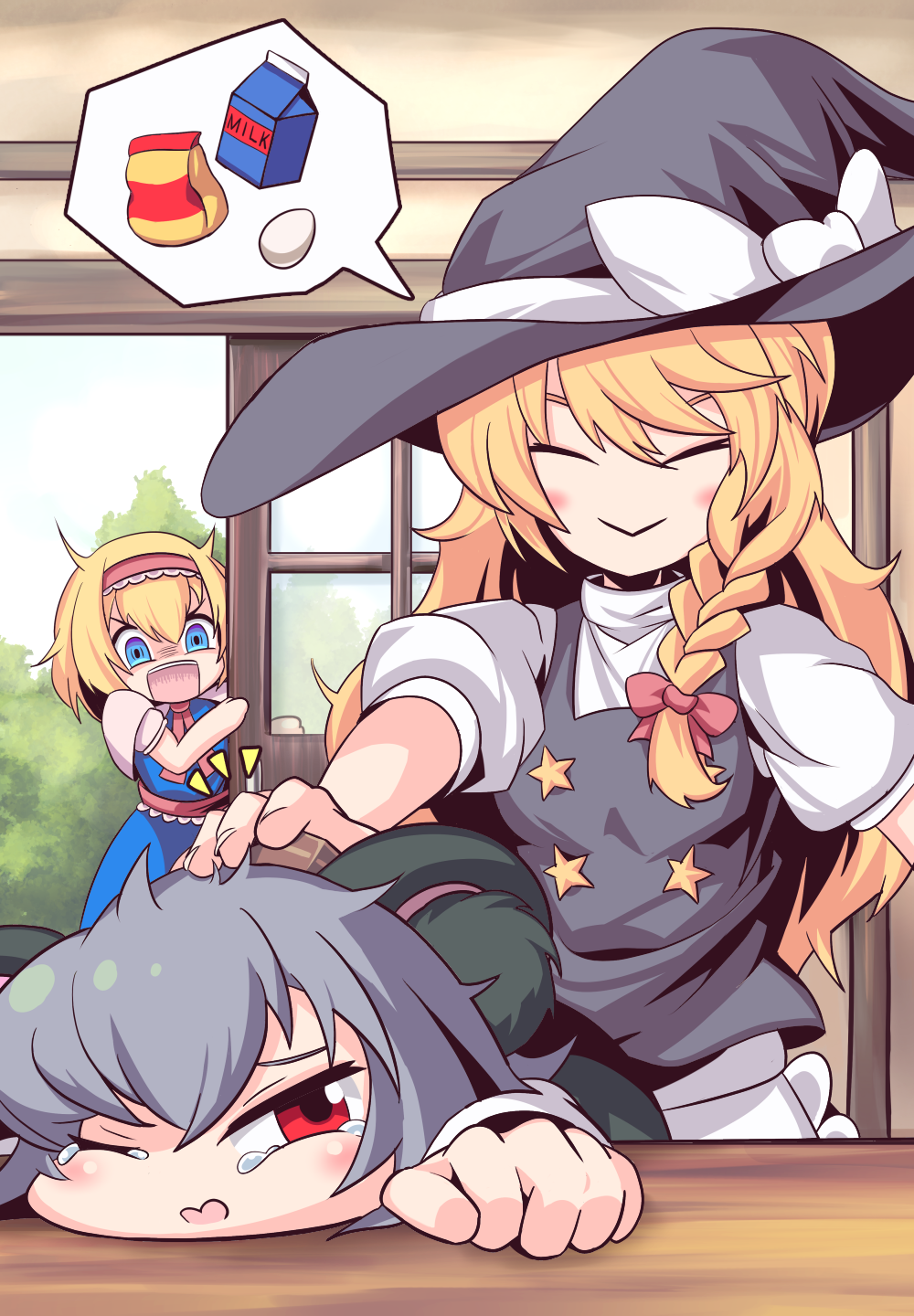 3girls alice_margatroid animal_ears black_hat blonde_hair blue_eyes bow braid closed_eyes cookie_(touhou) egg eyebrows facing_another flour grey_hair hair_bow hat highres ichigo_(cookie) kirisame_marisa long_hair looking_at_another milk_carton mouse_ears multiple_girls nazrin nyon_(cookie) one_eye_closed open_mouth parted_lips pika_(seiga797047) puffy_short_sleeves puffy_sleeves red_bow red_eyes short_hair short_sleeves speech_bubble suzu_(cookie) touhou witch_hat