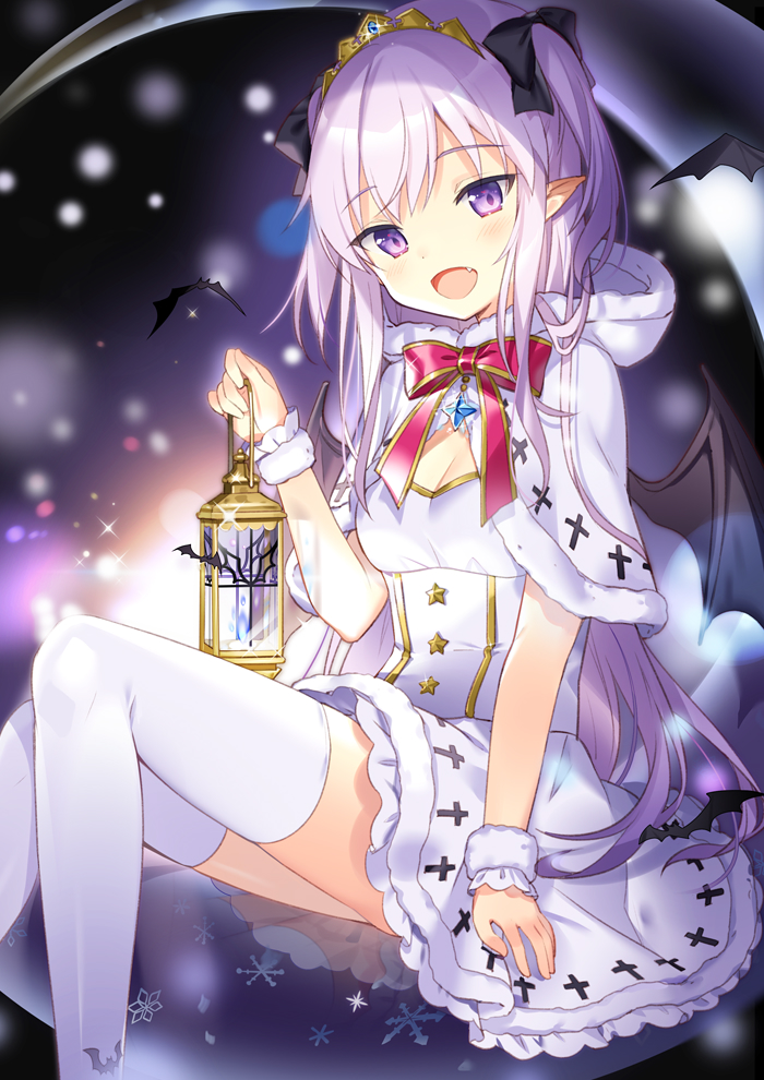 1girl bat black_bow blush bow capelet dress fang fur_trim hair_bow lantern long_hair looking_at_viewer novel_illustration open_mouth pointy_ears purple_hair rie_(reverie) sitting smile solo thigh-highs tsurime two_side_up uchi_no_hime-sama_ga_ichiban_kawaii violet_eyes white_dress white_legwear