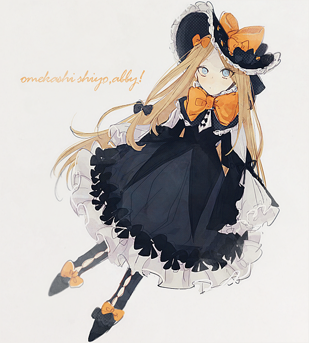 1girl abigail_williams_(fate/grand_order) alternate_costume bangs black_bow black_dress black_footwear black_hat black_legwear blonde_hair blue_eyes bow butterfly closed_mouth commentary_request dress dutch_angle fate/grand_order fate_(series) full_body grey_background hair_bow hat hat_bow long_hair long_sleeves looking_at_viewer object_hug orange_bow parted_bangs polka_dot polka_dot_bow romaji shoes simple_background sleeves_past_wrists solo stuffed_animal stuffed_toy teddy_bear thigh-highs translated very_long_hair zhi_ye_(dyed)