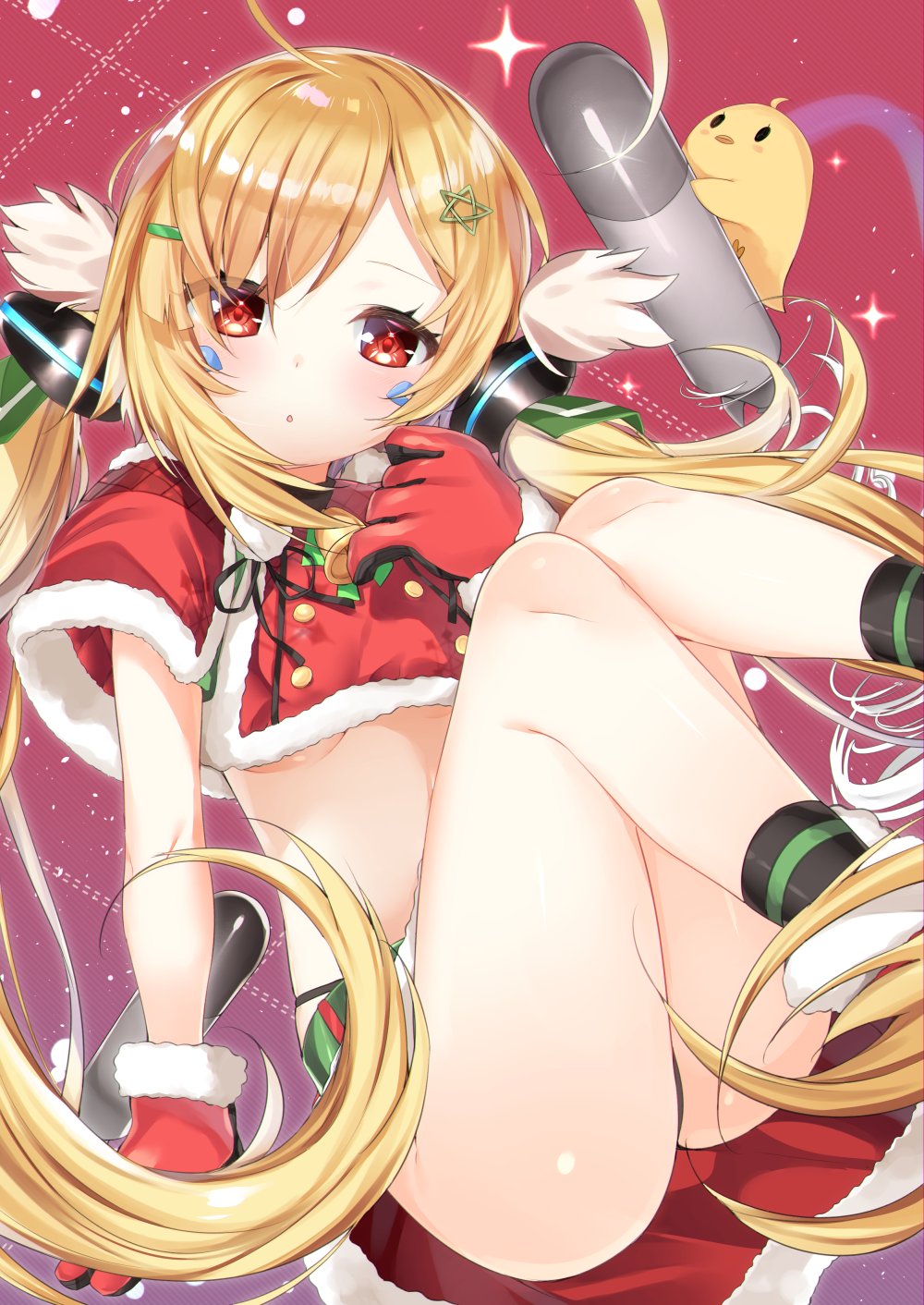 1girl ahoge ass azur_lane bell bird blonde_hair breasts capelet chick commentary_request eldridge_(azur_lane) facial_mark gloves hair_tubes highres kamioka_shun'ya long_hair looking_at_viewer midriff navel parted_lips red_eyes red_gloves santa_costume torpedo twintails under_boob