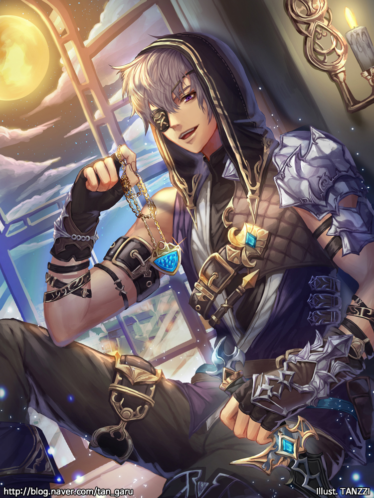 1boy arm_belt artist_name belt bracer brown_pants candle dagger dutch_angle eyepatch fingerless_gloves gloves hood inside jewelry looking_at_viewer male_focus moon necklace open_mouth original pants silver_hair sitting tanzzi violet_eyes watermark weapon web_address window