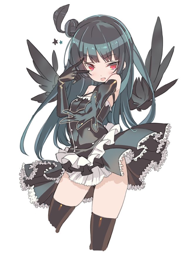 1girl :d bangs bare_shoulders black_dress black_gloves black_hair black_wings blade_(galaxist) blush commentary_request copyright_request cropped_legs dress elbow_gloves eyebrows_visible_through_hair gloves gothic_lolita hair_bun lolita_fashion looking_at_viewer open_mouth red_eyes simple_background smile solo standing thigh-highs white_background wings