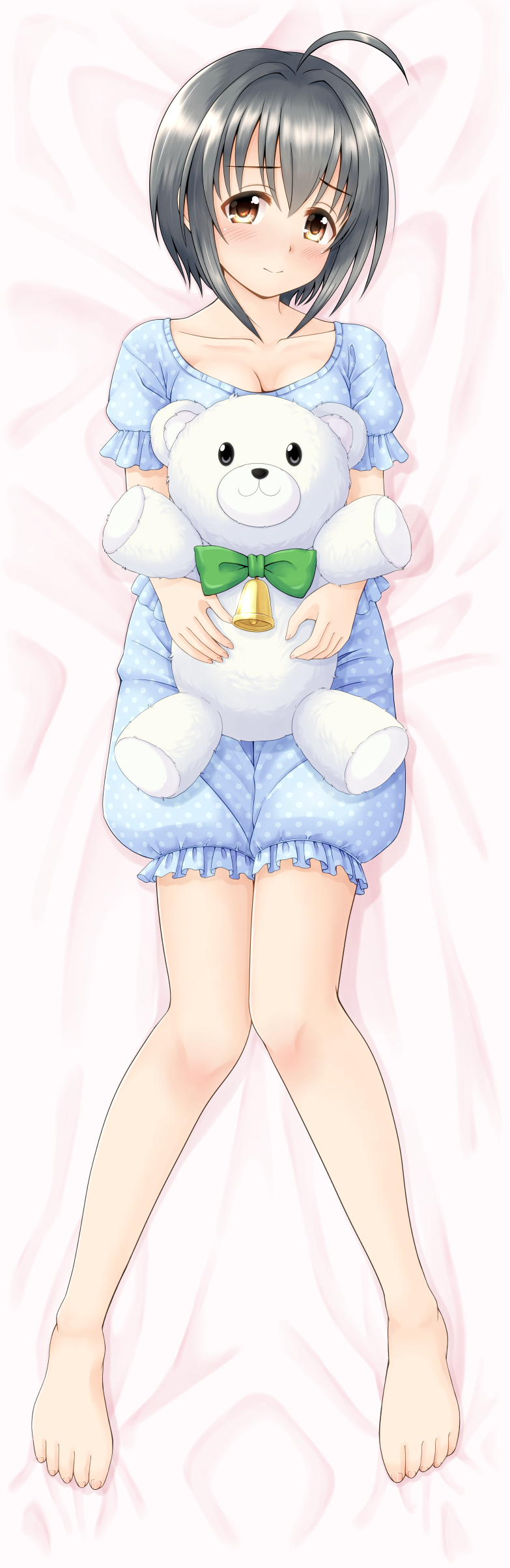 1girl absurdres ahoge bangs barefoot bed_sheet bell black_hair blouse blue_blouse blue_pajamas blue_shorts blush bow breasts brown_eyes cleavage closed_mouth collarbone commentary_request dakimakura eyebrows_visible_through_hair fingernails full_body green_bow hair_between_eyes highres idolmaster idolmaster_cinderella_girls kohinata_miho looking_at_viewer lying medium_breasts on_back pajamas polka_dot polka_dot_blouse polka_dot_pajamas polka_dot_shorts puffy_shorts regular_mow short_hair short_sleeves shorts smile solo stuffed_animal stuffed_toy teddy_bear toenails