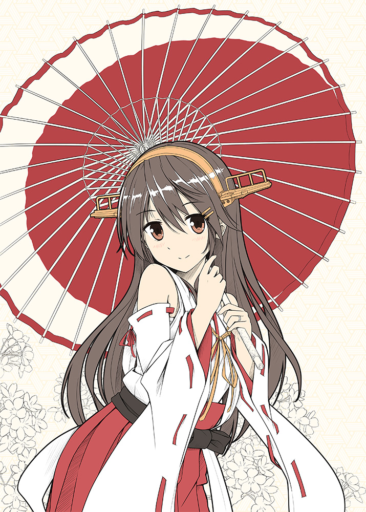1girl bangs black_ribbon blush brown_hair closed_mouth crescent_print detached_sleeves eyebrows_visible_through_hair floral_background flower from_side hair_between_eyes hakama haruna_(kantai_collection) headgear holding holding_umbrella japanese_clothes jewelry kantai_collection kimono kuro-kun_(nablack) long_hair long_sleeves looking_at_viewer looking_to_the_side nontraditional_miko orange_eyes oriental_umbrella over_shoulder red_hakama red_ribbon ribbon ribbon-trimmed_sleeves ribbon_trim ring sash shiny shiny_hair smile tareme umbrella very_long_hair white_kimono wide_sleeves