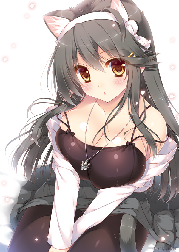 1girl anchor_necklace animal_ears bare_shoulders between_legs black_shirt blush breasts brown_eyes cat_ears cherry_blossoms cleavage collarbone eyebrows_visible_through_hair grey_hair grey_skirt hair_between_eyes hair_ornament hairband hairclip hand_between_legs haruna_(kantai_collection) jacket kantai_collection kemonomimi_mode large_breasts long_hair long_sleeves open_mouth pantyhose shigunyan shirt simple_background sitting skindentation skirt solo white_background white_hairband white_jacket