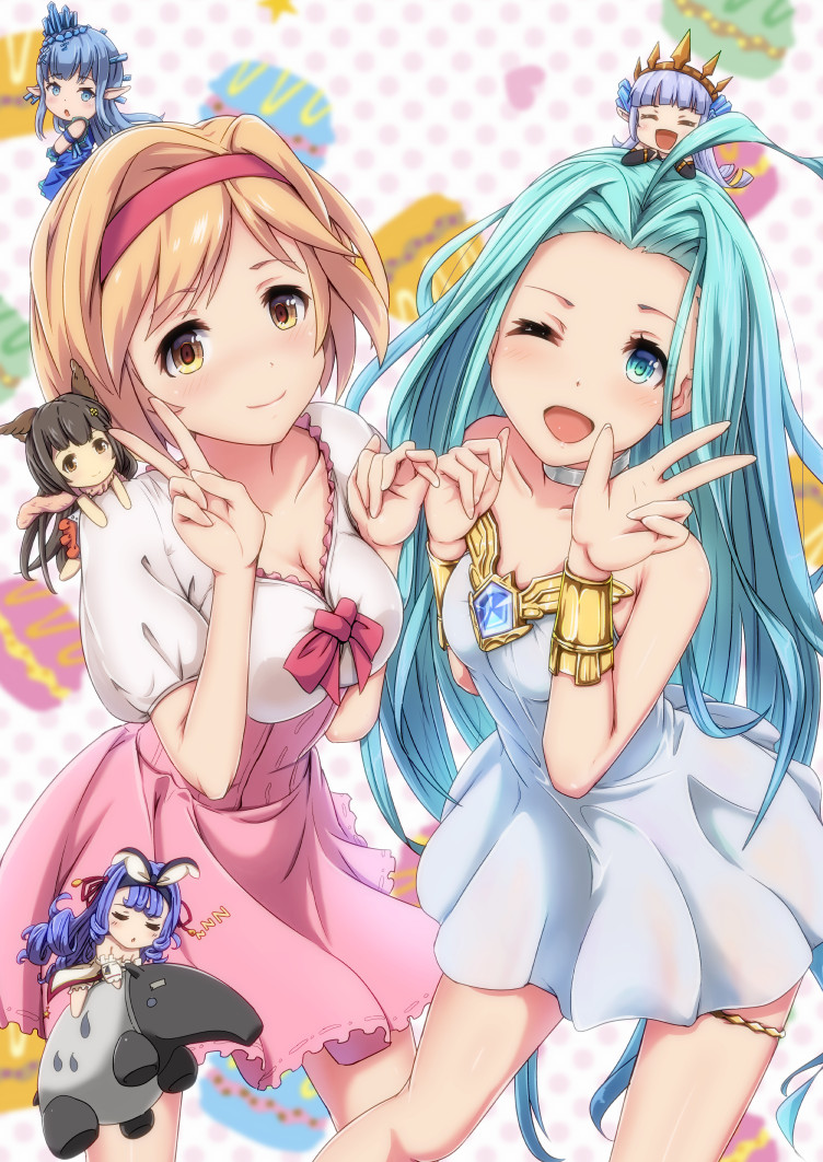 6+girls :d ;d ^_^ animal_ears aster_(granblue_fantasy) bangs bare_shoulders betor_(granblue_fantasy) blonde_hair blue_eyes blue_hair blunt_bangs blurry blush breasts brown_eyes brown_hair chibi choker closed_eyes closed_mouth collarbone commentary_request crystal curly_hair depth_of_field djeeta_(granblue_fantasy) dress erin_(granblue_fantasy) erun_(granblue_fantasy) eyebrows_visible_through_hair food granblue_fantasy hair_ornament hairband heart high-waist_skirt keepvalley lily_(granblue_fantasy) long_hair looking_at_viewer looking_back lying lyria_(granblue_fantasy) macaron macaron_background medium_breasts multiple_girls on_head on_shoulder on_stomach one_eye_closed open_mouth parted_lips pink_skirt pinky_swear pointy_ears polka_dot polka_dot_background purple_hair shirt short_sleeves skirt sleeping sleeveless sleeveless_dress small_breasts smile v very_long_hair w white_dress white_shirt zzz