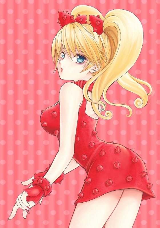 1girl blonde_hair blue_eyes bow dress effie gloves jyan_borii lipstick makeup nail_polish red_bow red_dress red_gloves red_nails street_fighter street_fighter_iii_(series) twintails