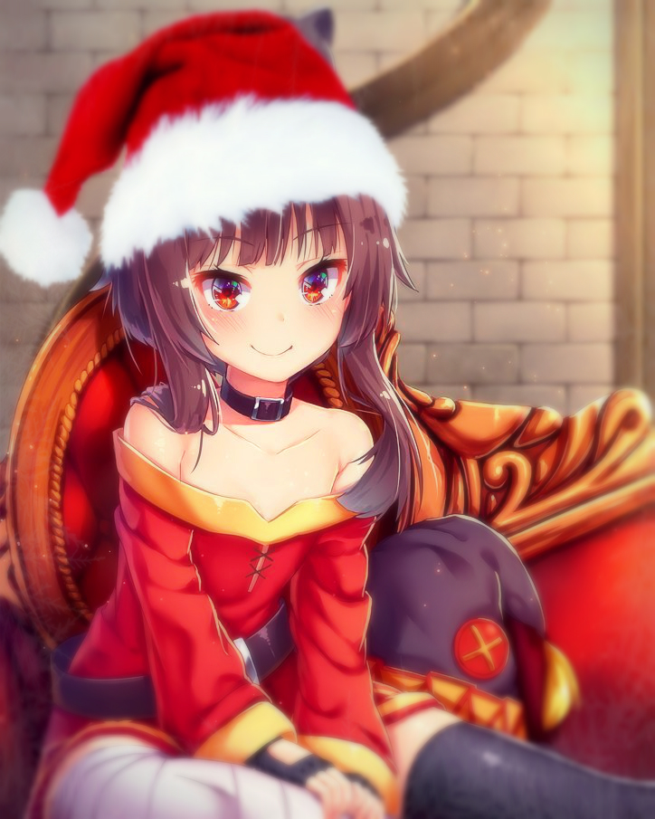 1girl asymmetrical_legwear bandage bandaged_leg bare_shoulders black_legwear blush brown_hair choker collarbone dress fingerless_gloves gloves hat indoors kono_subarashii_sekai_ni_shukufuku_wo! looking_at_viewer megumin red_dress red_eyes santa_hat short_hair short_hair_with_long_locks sitting solo thigh-highs witch_hat