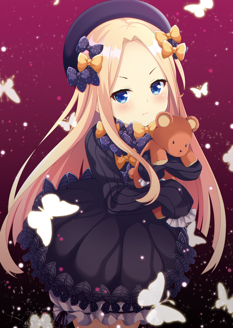 1girl :t abigail_williams_(fate/grand_order) bangs black_bow black_dress black_hat blonde_hair bloomers blue_eyes blush bow butterfly closed_mouth commentary_request dress fate/grand_order fate_(series) forehead hair_bow hands_in_sleeves hat long_sleeves looking_at_viewer maccha object_hug orange_bow parted_bangs polka_dot polka_dot_bow pout purple_background solo stuffed_animal stuffed_toy teddy_bear underwear v-shaped_eyebrows white_bloomers