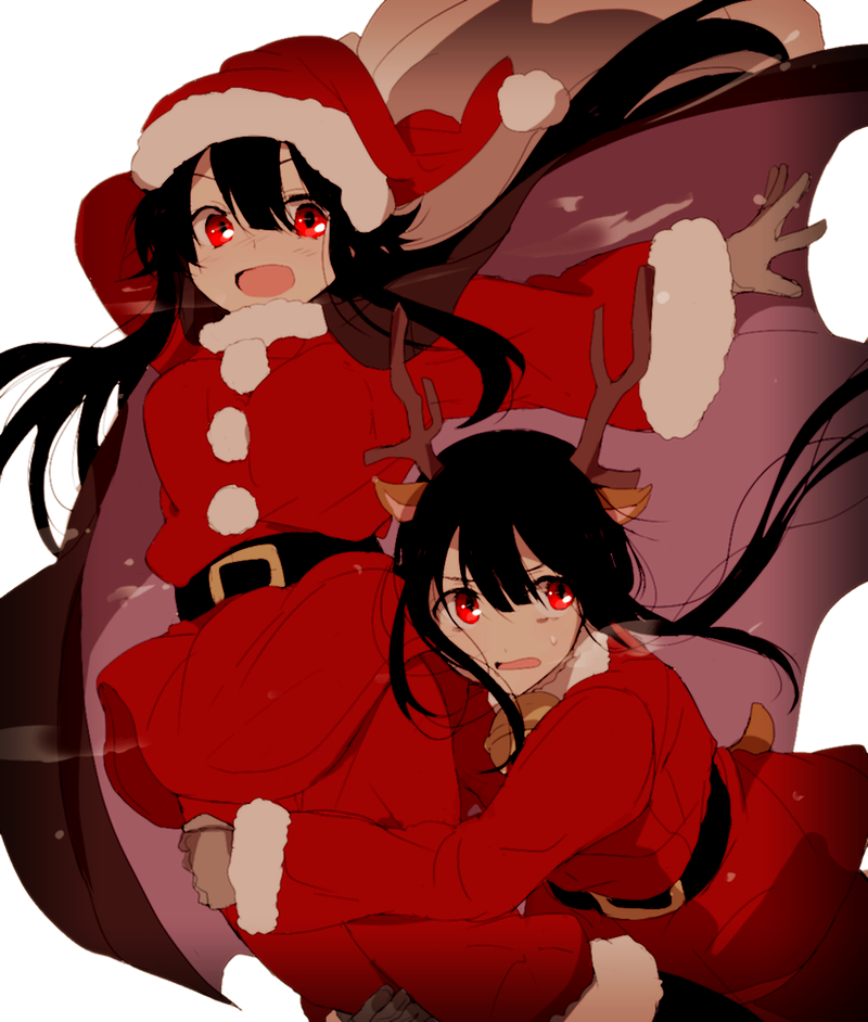 1boy 1girl :d animal_ears antlers belt black_hair brother_and_sister christmas commentary_request demon_archer fate/grand_order fate_(series) fur_trim hat hat_removed headwear_removed hiiragi_fuyuki hug jacket kemonomimi_mode koha-ace long_hair long_sleeves looking_at_viewer oda_nobukatsu_(fate/grand_order) open_mouth pants pom_pom_(clothes) red_eyes red_hat red_jacket red_pants sack santa_costume santa_hat siblings simple_background smile sweatdrop white_background