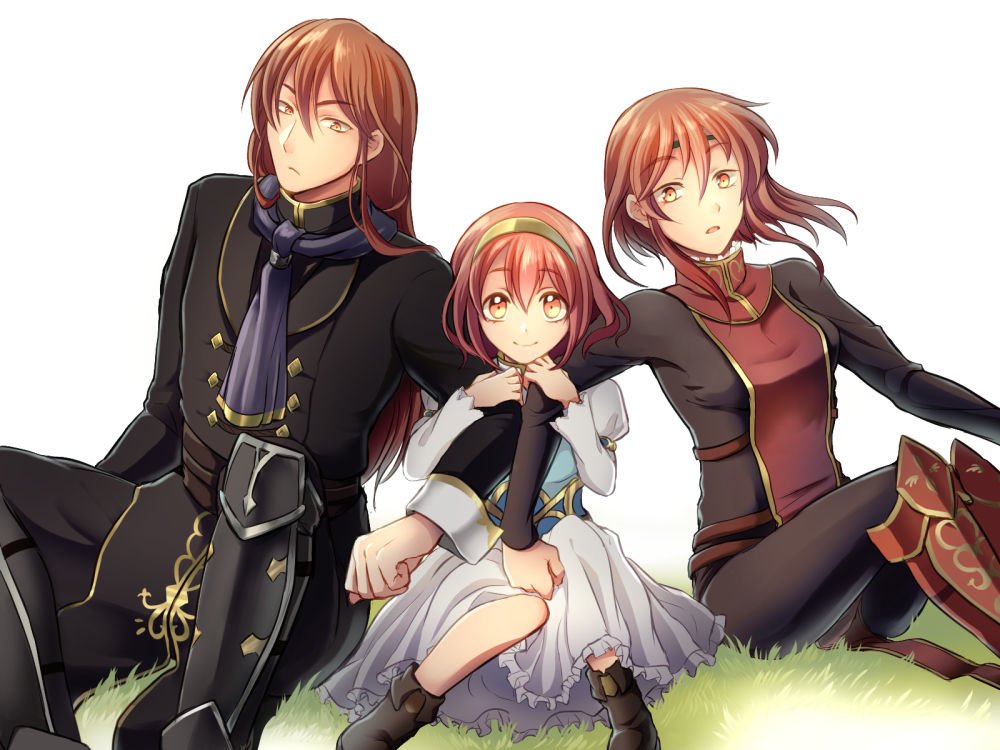 1boy 2girls armor artist_request blush brother_and_sister cape field fire_emblem fire_emblem:_mystery_of_the_emblem fire_emblem_heroes gloves headband long_hair looking_at_viewer maria_(fire_emblem) minerva_(fire_emblem) misheil_(fire_emblem) multiple_girls open_mouth red_eyes redhead short_hair siblings sisters smile