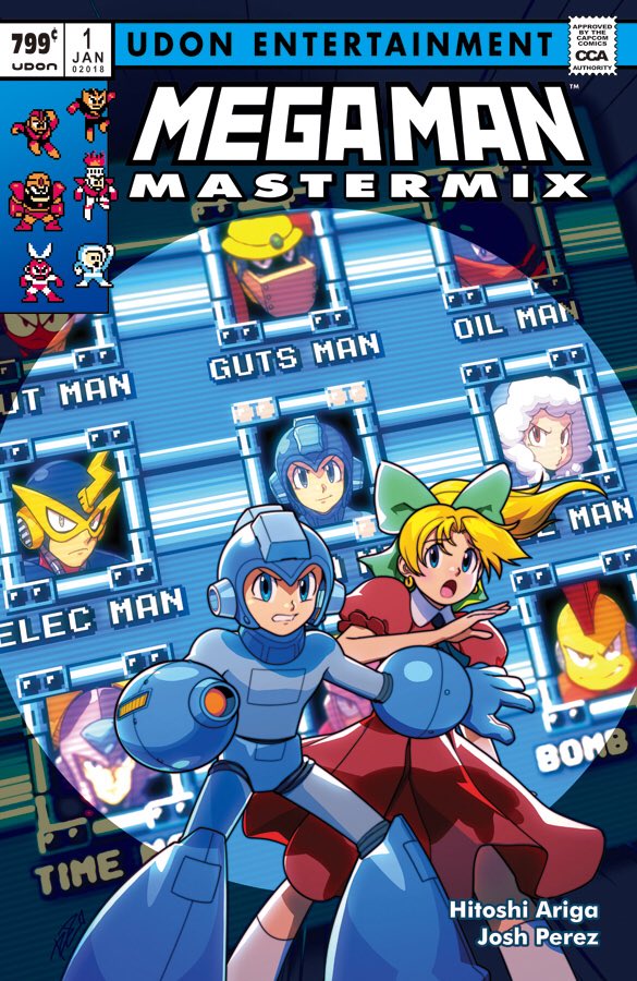 1boy 1girl android arm_cannon blonde_hair blue_eyes commentary cover cover_page dress earrings green_ribbon hair_ribbon helmet jewelry long_hair marvel parody pixel_art puffy_short_sleeves puffy_sleeves red_dress ribbon robert_porter rockman rockman_(character) rockman_(classic) roll short_sleeves weapon x-men