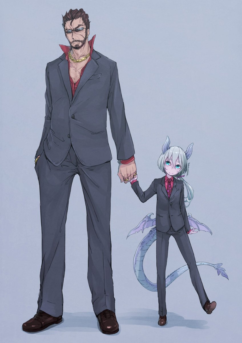 1boy 1girl aqua_eyes black_jacket black_pants blue_background brown_footwear brown_hair child closed_mouth collared_shirt dragon_girl dragon_horns dragon_tail dragon_wings facial_hair formal goatee hair_slicked_back hand_holding hand_in_pocket head_tilt highres horns jacket jewelry long_hair long_sleeves looking_at_viewer low_wings monster_girl mustache necklace necktie nukomasu open_clothes open_shirt original pant_suit pants ponytail purple_neckwear purple_skin red_shirt ring shirt shoes silver_hair simple_background smile standing standing_on_one_leg suit sunglasses tail wing_collar wings