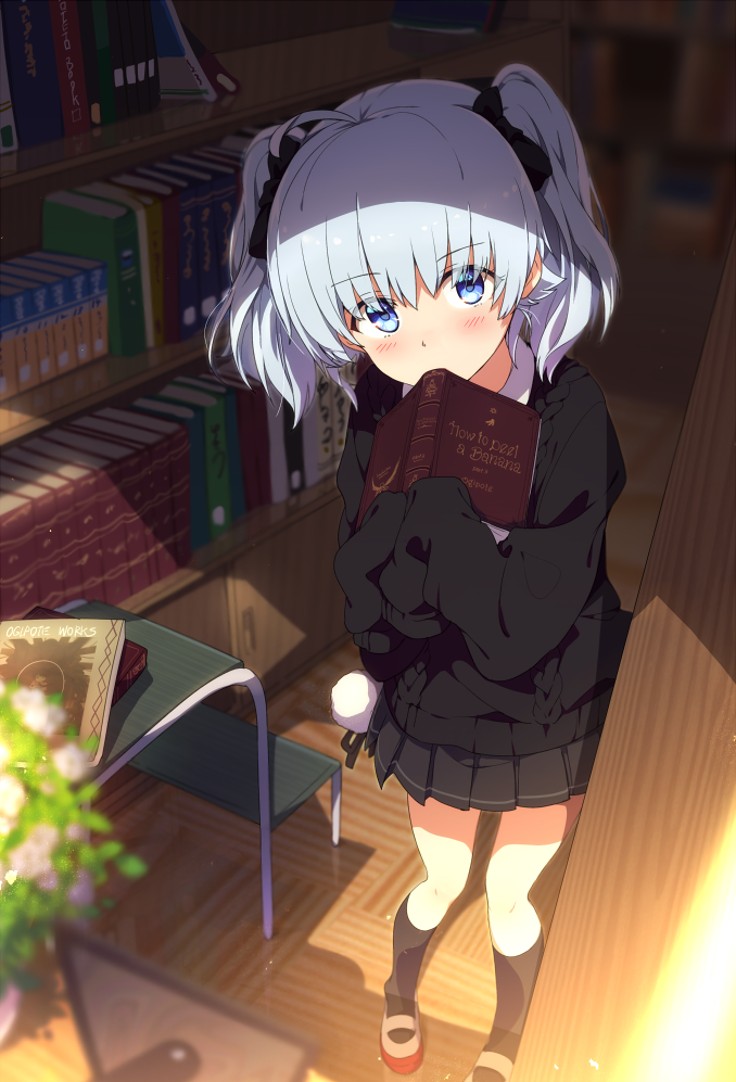 1girl ahoge bangs black_legwear black_skirt blue_eyes blurry blush book bookshelf commentary_request depth_of_field holding holding_book indoors long_sleeves looking_at_viewer mary_janes ogipote open_book original shoes silver_hair skirt sleeves_past_wrists socks solo sunlight twintails