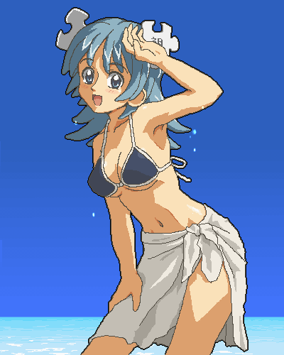 1girl bikini blue_bikini blue_eyes blue_hair blush cowboy_shot highres kasuga39 looking_at_viewer open_mouth puzzle_pieces sky solo towel twintails water wikipe-tan wikipedia