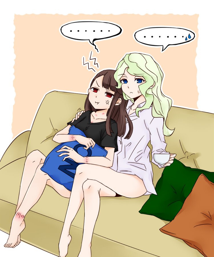 2girls anger_vein blonde_hair blue_eyes brown_hair commentary_request couch cup cushion diana_cavendish hickey kagari_atsuko little_witch_academia multiple_girls pout raisun red_eyes shirt sweatdrop teacup yes-no_pillow yuri