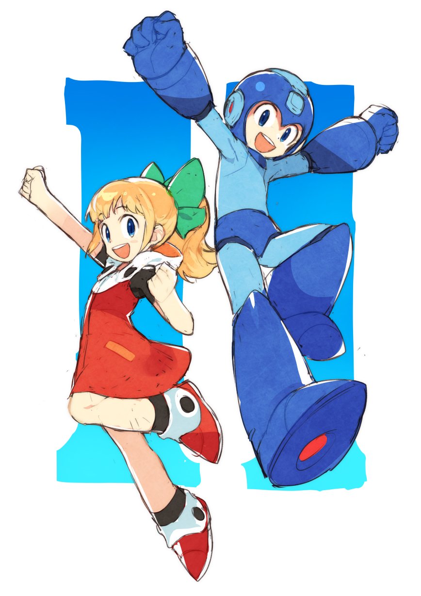 1boy 1girl android arm_cannon blonde_hair dress full_body green_eyes green_ribbon helmet highres kin_niku looking_at_viewer open_mouth ponytail red_dress ribbon robot rockman rockman_(character) rockman_(classic) rockman_11 roll smile weapon