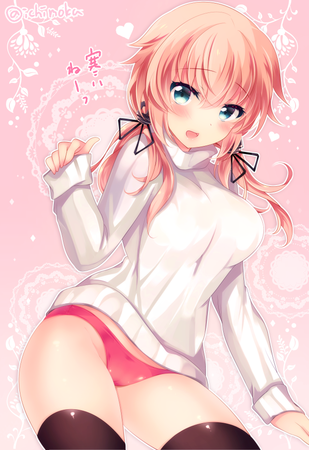 1girl :d anchor_hair_ornament black_legwear commentary_request green_eyes hair_ornament ichiyou_moka kantai_collection long_hair looking_at_viewer open_mouth orange_hair panties prinz_eugen_(kantai_collection) red_panties smile solo sweater thigh-highs translation_request turtleneck turtleneck_sweater twintails twitter_username underwear