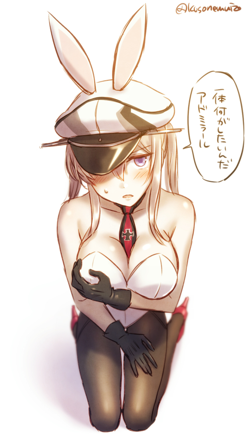 1girl adapted_costume animal_ears between_breasts black_gloves black_legwear blonde_hair blurry blush breasts cleavage collarbone depth_of_field embarrassed fake_animal_ears full_body gloves graf_zeppelin_(kantai_collection) hair_over_one_eye hat high_heels iron_cross jitome kantai_collection kneeling large_breasts leotard long_hair looking_at_viewer mika_(1020mk) necktie necktie_between_breasts open_mouth pantyhose peaked_cap rabbit_ears red_footwear sidelocks simple_background solo speech_bubble strapless strapless_leotard sweat translation_request twintails twitter_username violet_eyes white_background white_hat white_leotard