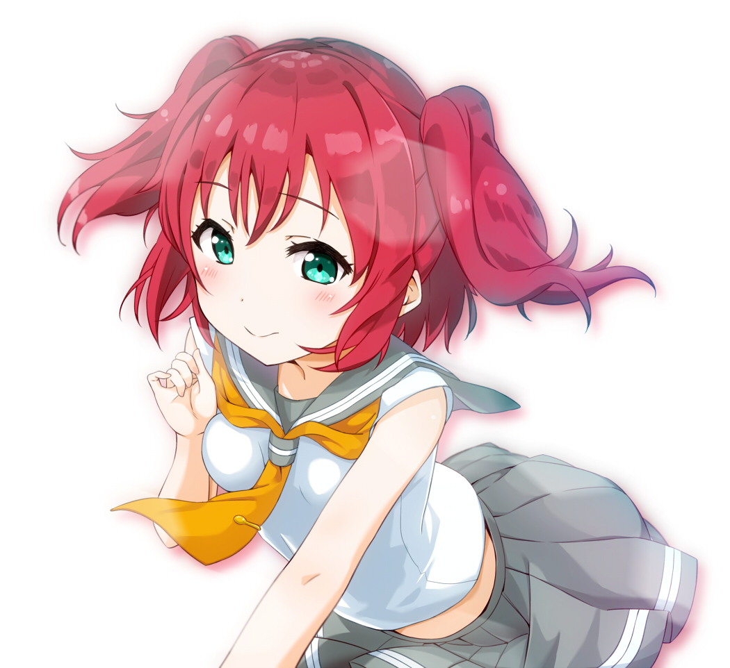 1girl aqua_eyes bangs bare_arms blouse blush breasts closed_mouth enpu_(ufo) eyebrows_visible_through_hair grey_sailor_collar grey_skirt hair_between_eyes kurosawa_ruby looking_at_viewer love_live! love_live!_sunshine!! medium_breasts midriff neckerchief orange_neckwear outstretched_arm pleated_skirt redhead sailor_collar school_uniform serafuku short_hair simple_background skirt sleeveless_blouse smile solo two_side_up white_background white_blouse