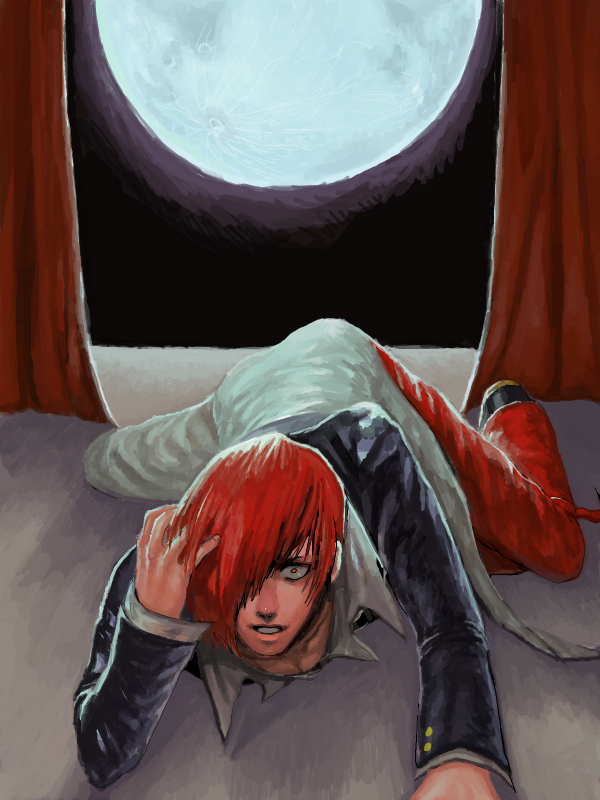 1boy constricted_pupils curtains full_moon hair_over_one_eye hand_in_hair looking_at_viewer male_focus moon pants parted_lips red_eyes redhead short_hair solo the_king_of_fighters top-down_bottom-up yagami_iori