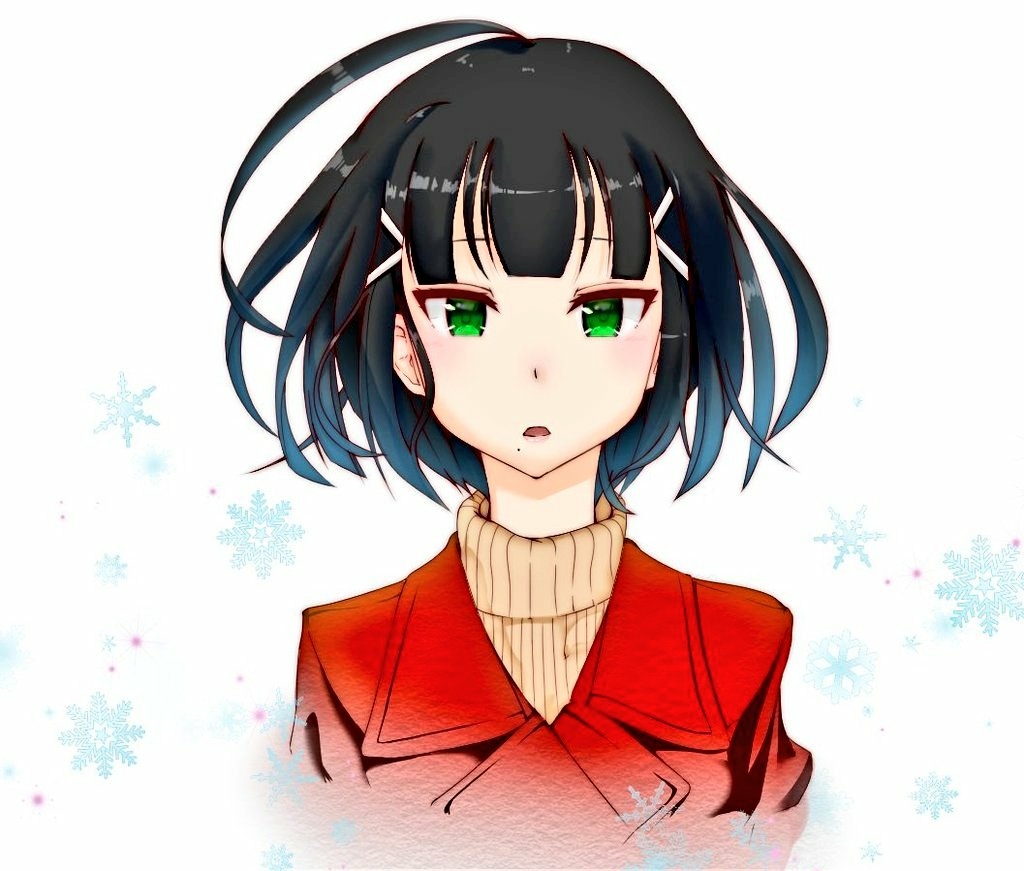 1girl alternate_hair_length alternate_hairstyle bangs black_hair blunt_bangs bob_cut coat commentary_request green_eyes kurosawa_dia looking_at_viewer love_live! love_live!_sunshine!! mole mole_under_mouth open_mouth red_coat short_hair snowflake_background snowflake_print solo sweater tsurime turtleneck turtleneck_sweater upper_body winter_clothes