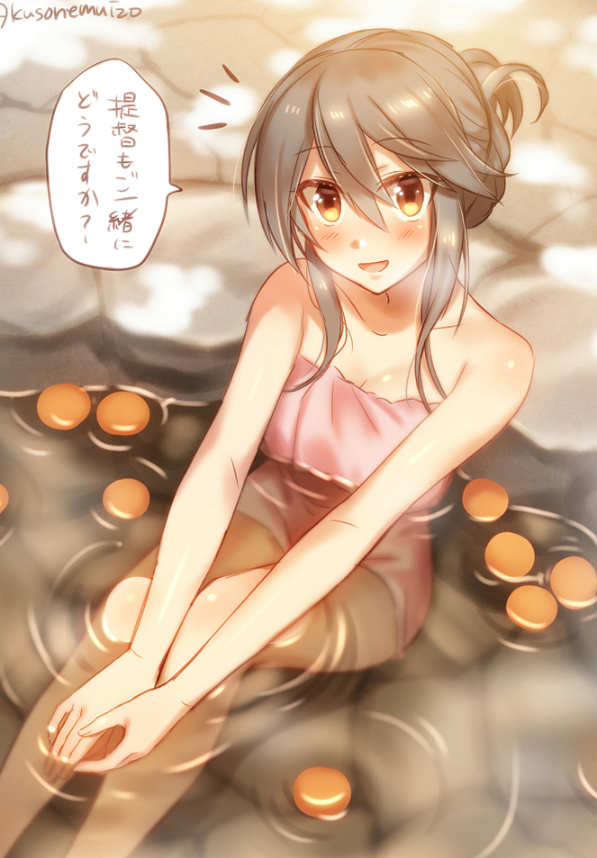 /\/\/\ 1girl :d alternate_hairstyle bare_arms bare_legs bare_shoulders bathing blush breasts brown_eyes brown_hair cleavage collarbone feet_out_of_frame folded_ponytail from_above haruna_(kantai_collection) kantai_collection knees_up long_hair looking_at_viewer looking_up medium_breasts mika_(1020mk) naked_towel onsen open_mouth own_hands_together partially_submerged sidelocks sitting smile solo speech_bubble steam stone towel translation_request twitter_username v_arms water