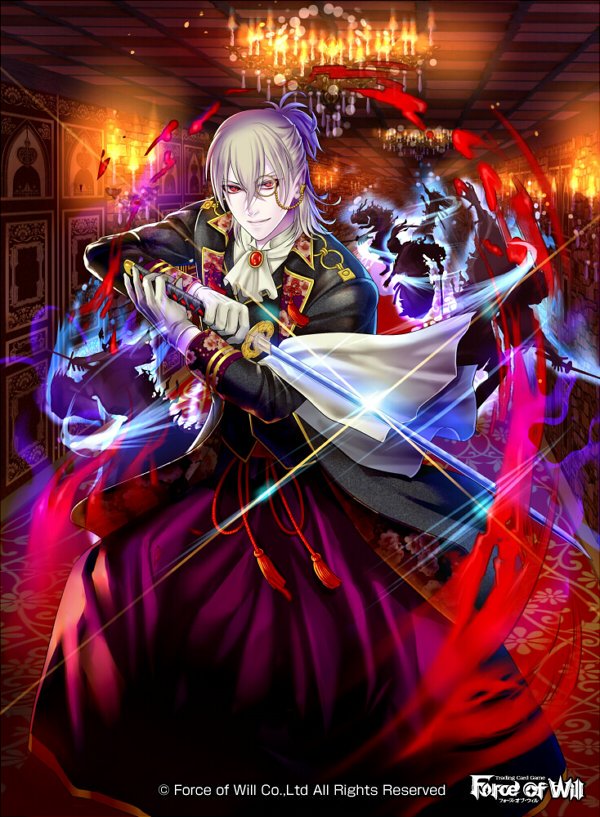 1boy blood candle copyright_name force_of_will gloves japanese_clothes katana male_focus monocle official_art pale_skin pointy_ears ponytail red_eyes solo sword tomida_tomomi weapon white_hair