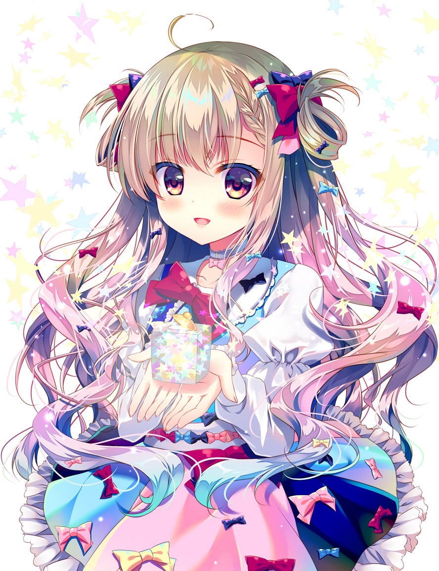 1girl :d bangs black_bow blue_bow blue_choker blue_vest blush bow collarbone commentary_request cube eyebrows_visible_through_hair fingernails frilled_skirt frills hair_between_eyes hair_bow holding juliet_sleeves light_brown_hair long_hair long_sleeves looking_at_viewer mizuki_yuuma multicolored multicolored_clothes multicolored_skirt open_mouth original puffy_sleeves purple_bow red_bow red_eyes shirt skirt smile solo star starry_background very_long_hair vest white_background white_shirt yellow_bow