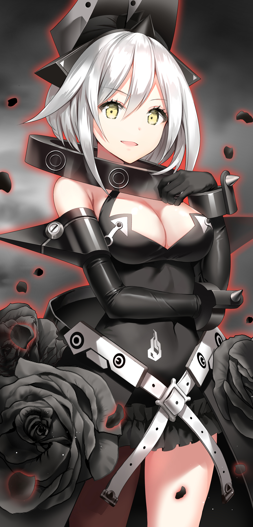 1girl bangs black_dress black_gloves breasts collar covered_navel cowboy_shot dress elbow_gloves elphelt_valentine girls_frontline gloves grey_hair guilty_gear guilty_gear_xrd hair_between_eyes hand_up highres looking_at_viewer marmoset_(marmoset0) medium_breasts open_mouth sangvis_ferri short_dress short_hair short_hair_with_long_locks silver_hair smile solo yellow_eyes