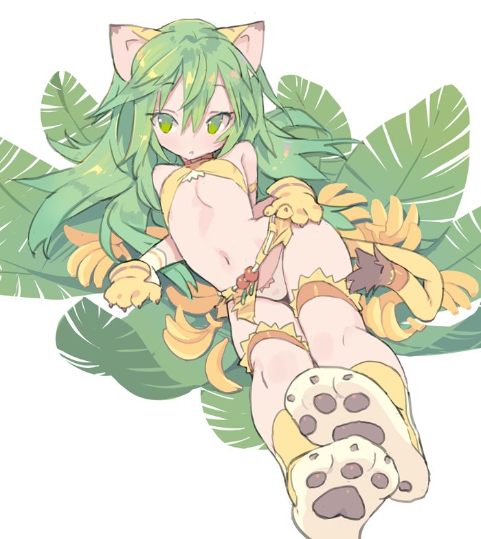 1girl animal_ears banana bangs belt blade_(galaxist) bow bow_panties bra breasts copyright_request eyebrows_visible_through_hair food fruit gloves green_eyes green_hair hair_between_eyes leaf long_hair looking_at_viewer navel panties parted_lips paw_boots paw_gloves paws reclining small_breasts solo tail underwear white_panties yellow_bra