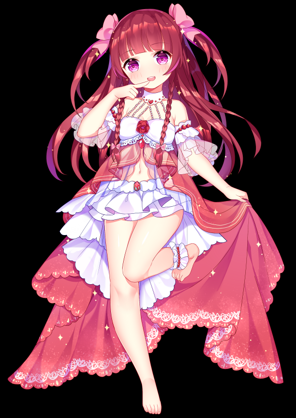 1girl :d ankle_garter barefoot black_background blush bow brown_hair chuor_(chuochuoi) detached_collar dress finger_to_mouth hair_bow halterneck head_tilt layered_skirt legs long_hair looking_at_viewer open_mouth original pink_bow pink_dress see-through short_sleeves simple_background skirt smile solo standing standing_on_one_leg toenails two_side_up very_long_hair violet_eyes white_skirt