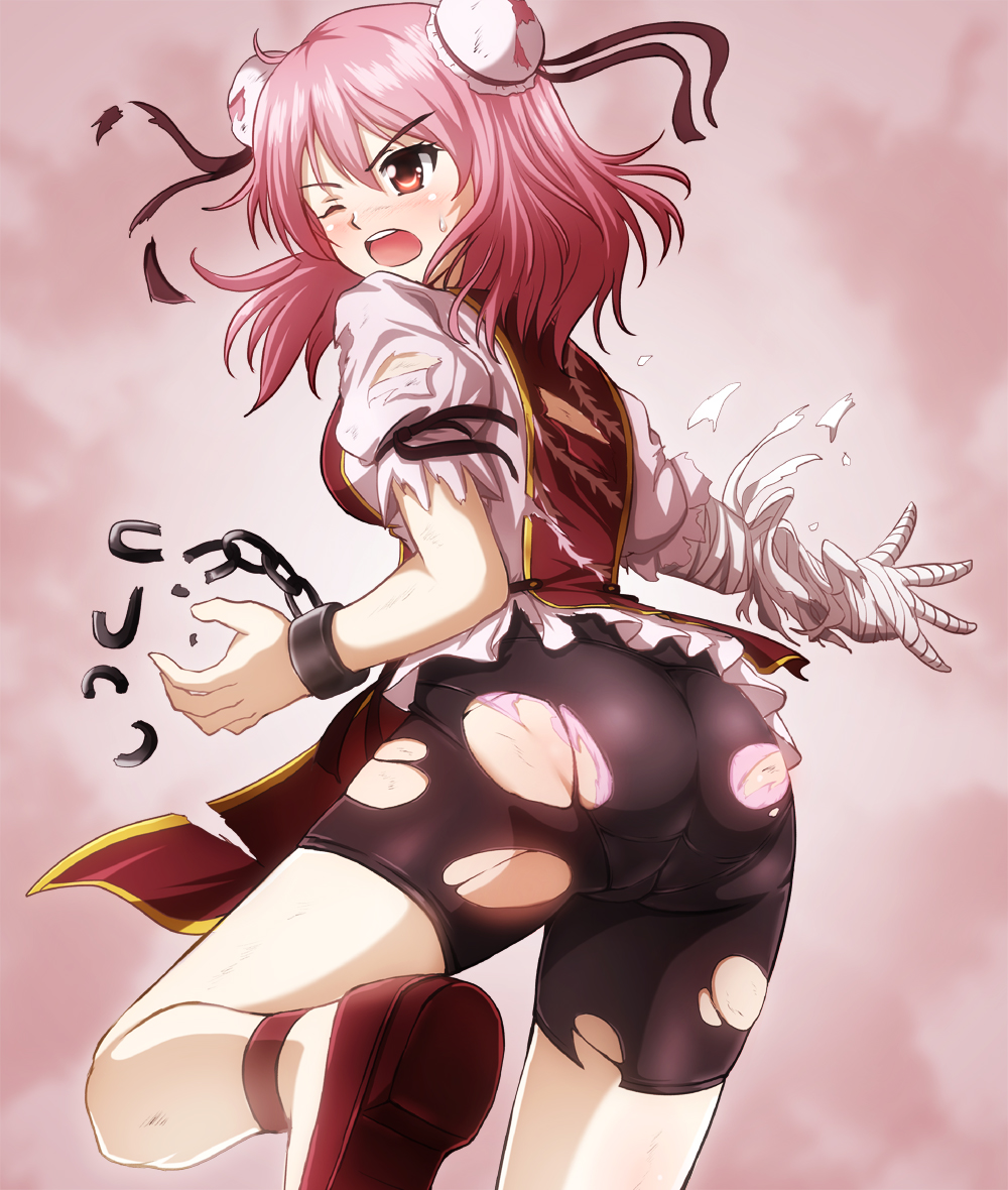 1girl ass bandage bandaged_arm bike_shorts commentary_request cuffs ibaraki_kasen one_eye_closed open_mouth pink_hair puffy_short_sleeves puffy_sleeves red_footwear shackles short_hair short_sleeves shorts solo tabard torn_clothes touhou zanntetu