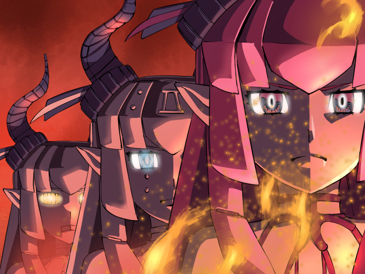 &gt;:( 3girls bangs blue_eyes closed_mouth elizabeth_bathory_(fate)_(all) expressionless face fate/grand_order fate_(series) fire frown glowing glowing_eyes horn_ornament horns ishii_hisao looking_at_viewer mecha_eli-chan multiple_girls parody pink_eyes pink_hair pointy_ears red_background robot sparks the_big_o v-shaped_eyebrows yellow_eyes