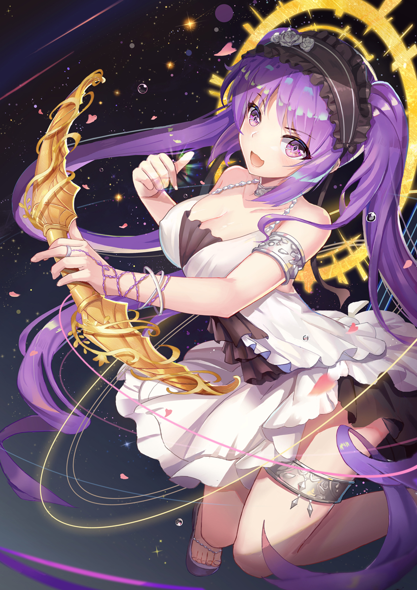 1girl alternate_breast_size blush bow_(weapon) bracelet breasts cleavage collarbone dress erect_nipples euryale fate/grand_order fate_(series) hairband halo highres jewelry l.bou lolita_hairband long_hair looking_at_viewer medium_breasts open_mouth petals purple_hair revision sandals sleeveless sleeveless_dress solo star thigh_strap traditional_media twintails very_long_hair violet_eyes watercolor_(medium) weapon white_dress
