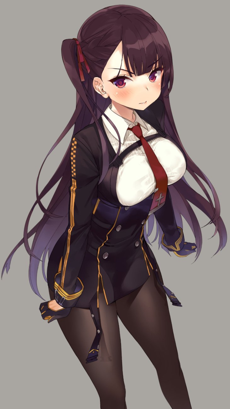 1girl black_dress black_gloves blush breasts brown_legwear closed_mouth dress girls_frontline gloves grey_background hair_ribbon highres hym9594 large_breasts long_hair long_sleeves necktie one_side_up pantyhose purple_hair red_eyes ribbon short_dress simple_background solo tsurime very_long_hair wa2000_(girls_frontline)
