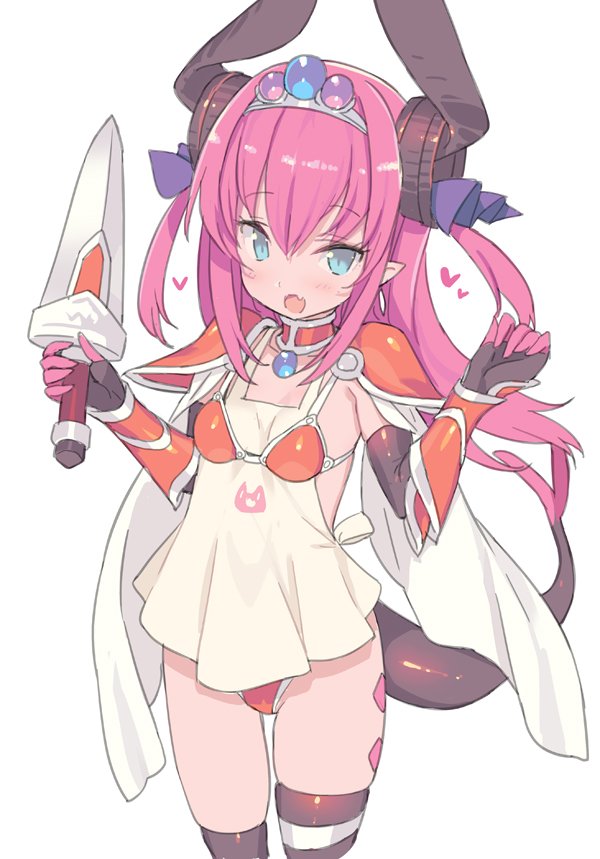 1girl :d apron armor bangs bikini bikini_armor black_legwear blade_(galaxist) blue_eyes blush breasts cape choker commentary_request curled_horns dragon_horns dragon_tail elizabeth_bathory_(brave)_(fate) elizabeth_bathory_(fate)_(all) eyebrows_visible_through_hair fang fate/grand_order fate_(series) hair_between_eyes hair_ribbon hands_up heart holding_dagger horns long_hair looking_at_viewer mismatched_legwear open_mouth pauldrons pink_hair pointy_ears purple_ribbon red_bikini red_choker ribbon simple_background small_breasts smile solo string_bikini swimsuit tail thigh-highs tiara two_side_up vambraces very_long_hair white_apron white_background white_cape