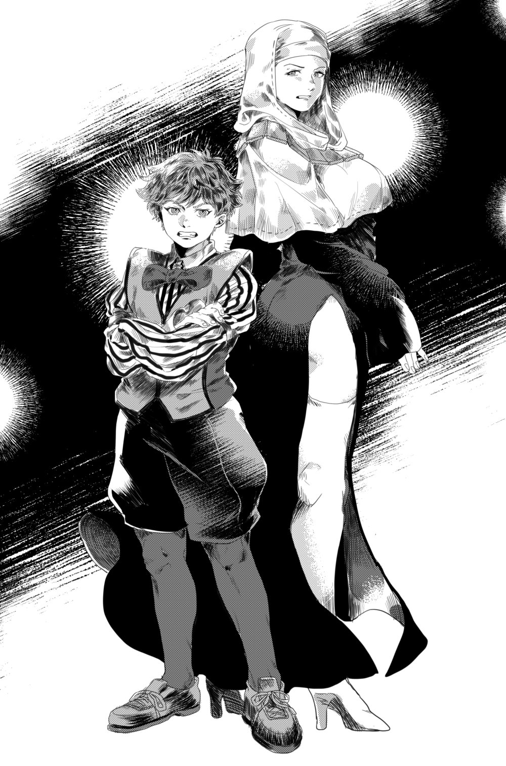 1boy 1girl bow bowtie caster_(fate/extra_ccc) clenched_teeth crossed_arms fate/extra fate/extra_ccc fate_(series) full_body greyscale height_difference high_heels highres looking_at_viewer monochrome pantyhose sesshouin_kiara shirt side_slit striped striped_shirt teeth vest