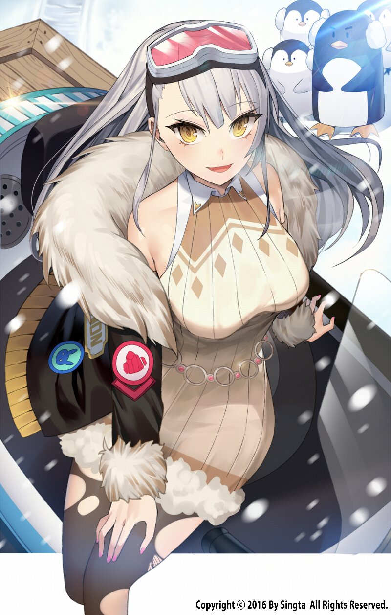1girl :d animal arm_support bangs bird breasts brown_legwear carchet clothed_animal coat cropped_legs earmuffs eyebrows_visible_through_hair from_above fur_trim goggles goggles_on_head hair_between_eyes highres large_breasts long_hair long_sleeves looking_at_viewer looking_up off_shoulder official_art open_mouth outdoors pantyhose penguin qurare_magic_library ribbed_sweater silver_hair sitting smile snow sweater sweater_vest torn_clothes torn_pantyhose yellow_eyes